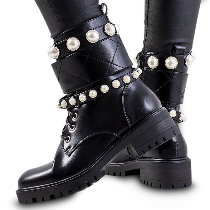 Botki Damskie Na Obcasie Workery Skórzane Cieple Wysokie Carvala Czarne Z Perłami 37