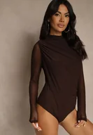 Body - Brązowe Body Longsleeve ze Stójką z Siateczki z Domieszką Wiskozy Liravia - miniaturka - grafika 1