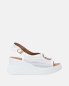 Sandały damskie - Sandały damskie białe na koturnie z ażurową cholewką - Venezia - miniaturka - grafika 1