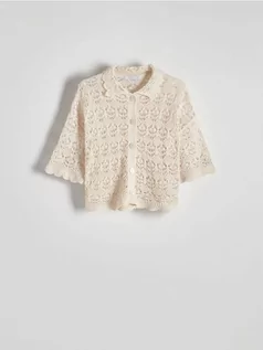 Swetry damskie - Reserved - Ażurowy sweter polo - kremowy - grafika 1