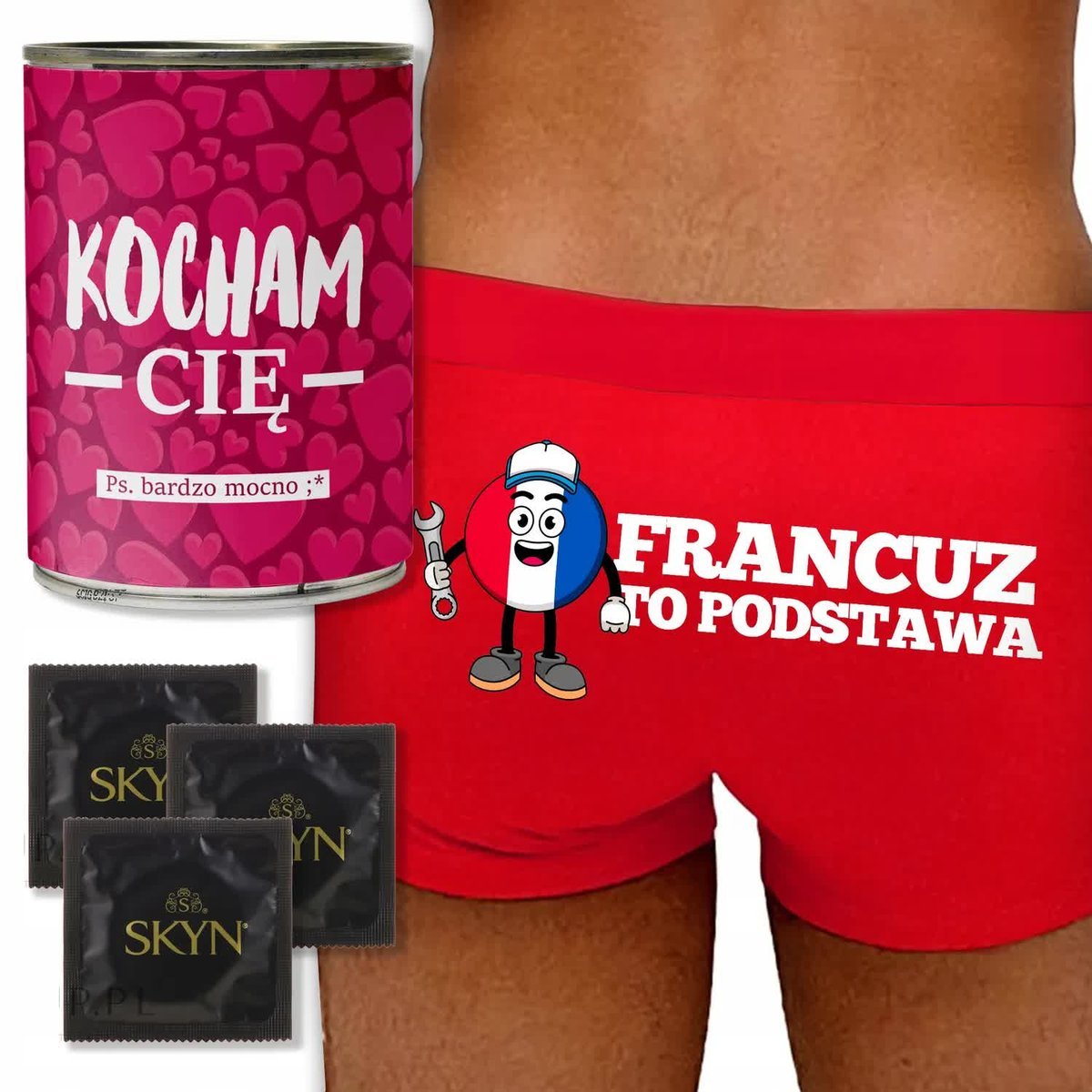 BOKSERKI + PREZERWATYWY + PUSZKA Śmieszny WZÓR na WALENTYNKI - M