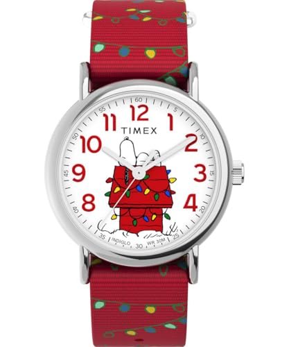 Timex Zegarek damski orzeszki ziemne 38 mm - czerwony materiał wsuwany pasek biała tarcza srebrna obudowa TW2W80800, Srebrny