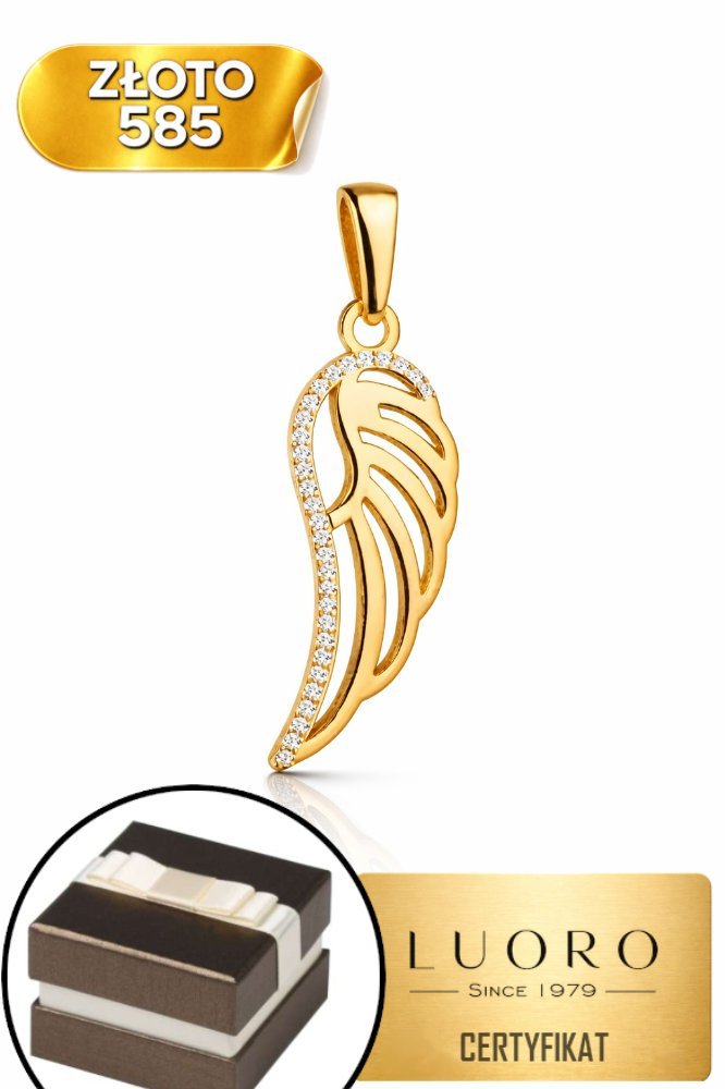 ZAWIESZKA ZŁOTA 585 14K SKRZYDŁO Z CYRKONIAMI 2,8 CM ELEGANCKA