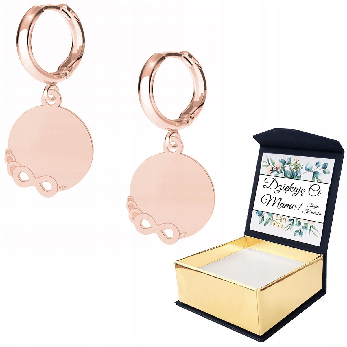 Kolczyki różowe złoto Nieskończoność WŁASNY NADRUK