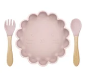 Miseczki i talerzyki dla dzieci - Lew Silikonowy Zestaw Talerzyk Plus Sztućce-Jasny Różowy - miniaturka - grafika 1