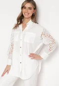 Koszule damskie - Biała Koszula Oversize z Ażurowym Wzorem na Rękawach Vadena - miniaturka - grafika 1