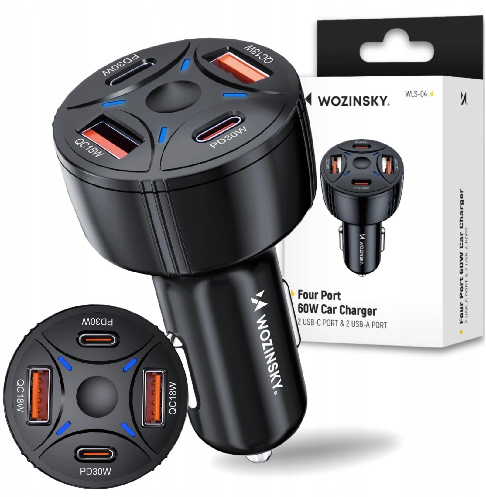 Ładowarka samochodowa Wozinsky WLS-04 60W 2xUSB-C 2xUSB-A - czarna