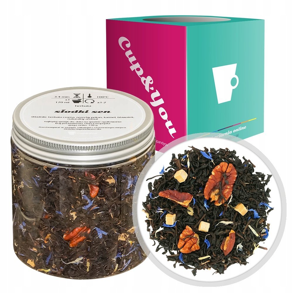 Herbata czarna SŁODKI SEN bławatek orzechy pekan karmel 120g - sypana liściasta herbata PREMIUM Cup&You