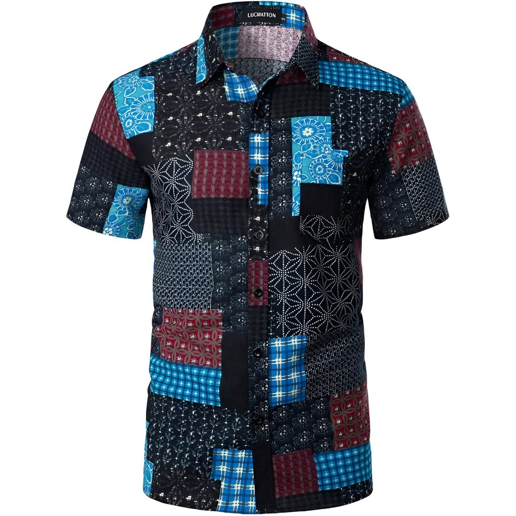 Męska Koszula w Kratę Hipisowska Krótki Rękaw Letnia Stylowa S