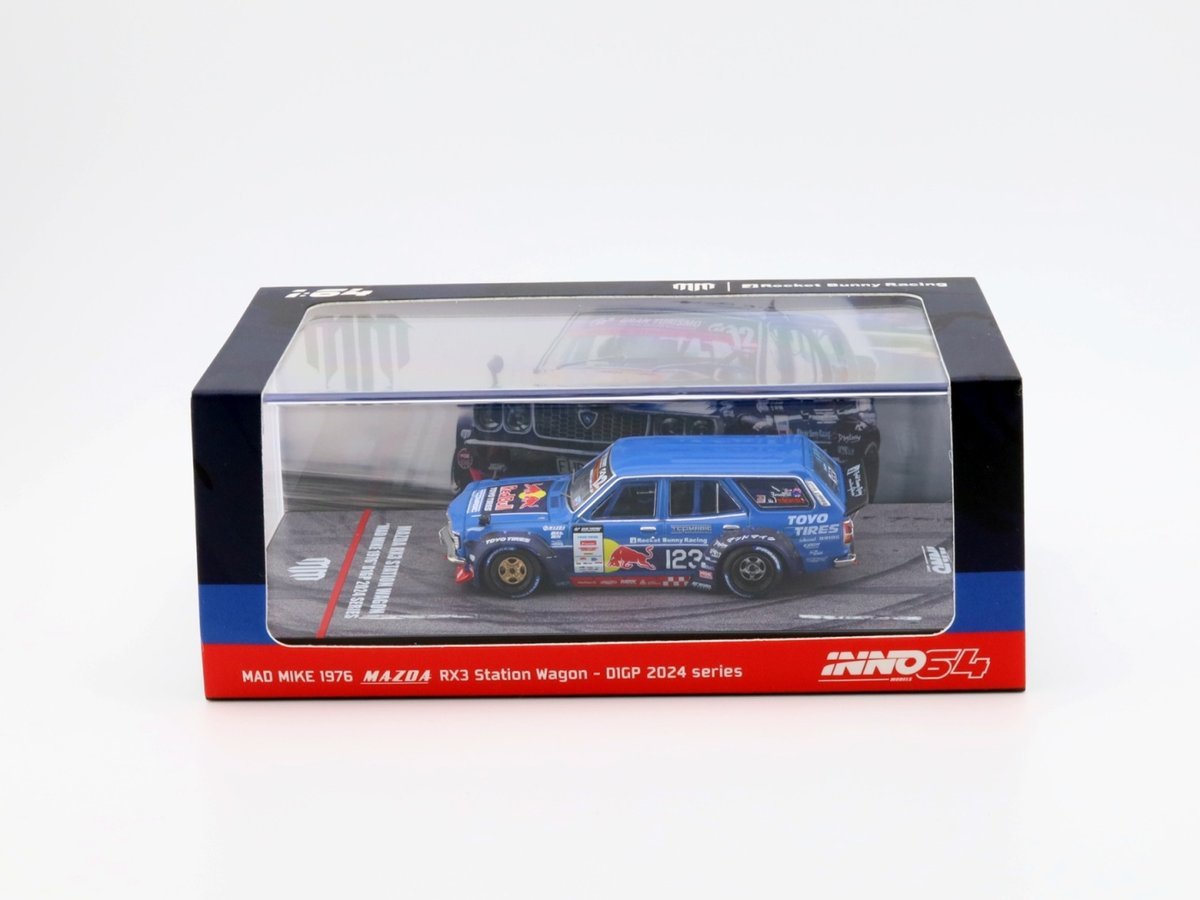 INNO64 Mad Mike 1976 Mazda RX3 RX-3 Station Wagon D1GP 2024 Series Red Bull Inno 1:64