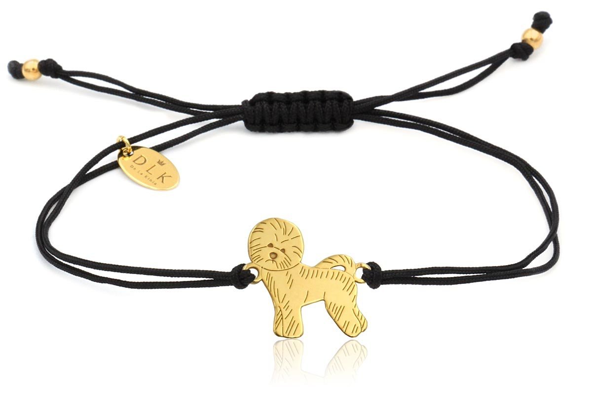 Bransoletka z psem bichonem złotym na czarnym sznurku