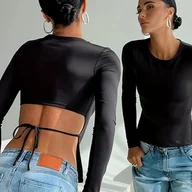 Bluzki damskie - TEMU Damski Krótki T-Shirt Top - Dopasowana Bluzka z Długim Rękawem i Okrągłym Dekoltem z Wycięciem w Talii, Jednokolorowa Krótka Bluzka na - miniaturka - grafika 1