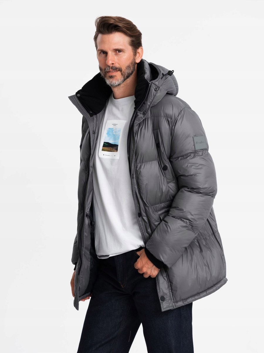Długa kurtka męska puffer grafitowa V1 OM-JALJ-0186 L