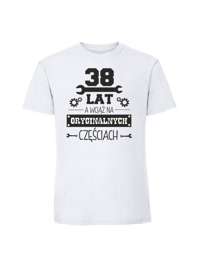 Męska koszulka z nadrukiem - 38 LAT I ORYGINALNE CZESCI biały M