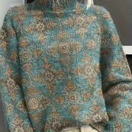 Swetry damskie - TEMU Sweter damski w turkusowe i złote geometryczne wzory – elegancki golf, nieprzezroczysty sweter na każdą porę roku do stylizacji formalnych i - miniaturka - grafika 1