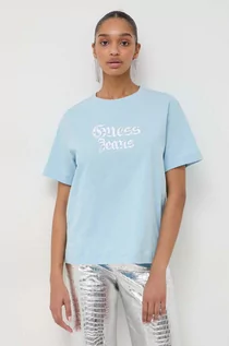 Koszulki sportowe damskie - Guess t-shirt bawełniany damski kolor niebieski - grafika 1