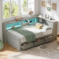 Sofy i kanapy - Kanapa rozkładana drewniana 90x200 cm - z oświetleniem LED - 3 szuflady - Półki do przechowywania - MDF - Szary (materac nie jest wliczony w cenę) - miniaturka - grafika 1