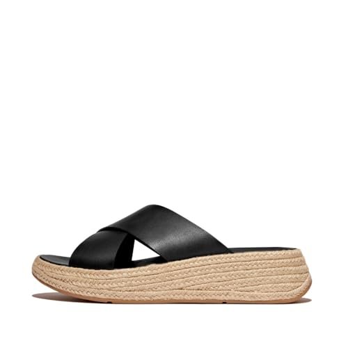 Fitflop Damskie sandały w stylu F Espadryle, skórzane, płaskie krzyżowe klapki, czarne, 7 UK, Czarny, 41 EU