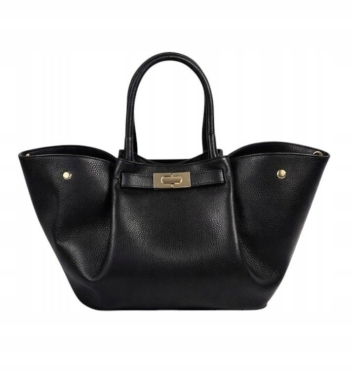 Torebka Damska Skóra Naturalna Shopper Elegancka Na Ramię Z Paskiem Czarna