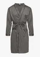 Szlafroki męskie - Ciemnoszary Szlafrok z Bawełną Zdobiony Elegancką Lamówką i Aplikacją z Wiązanym Paskiem Attelora - miniaturka - grafika 1
