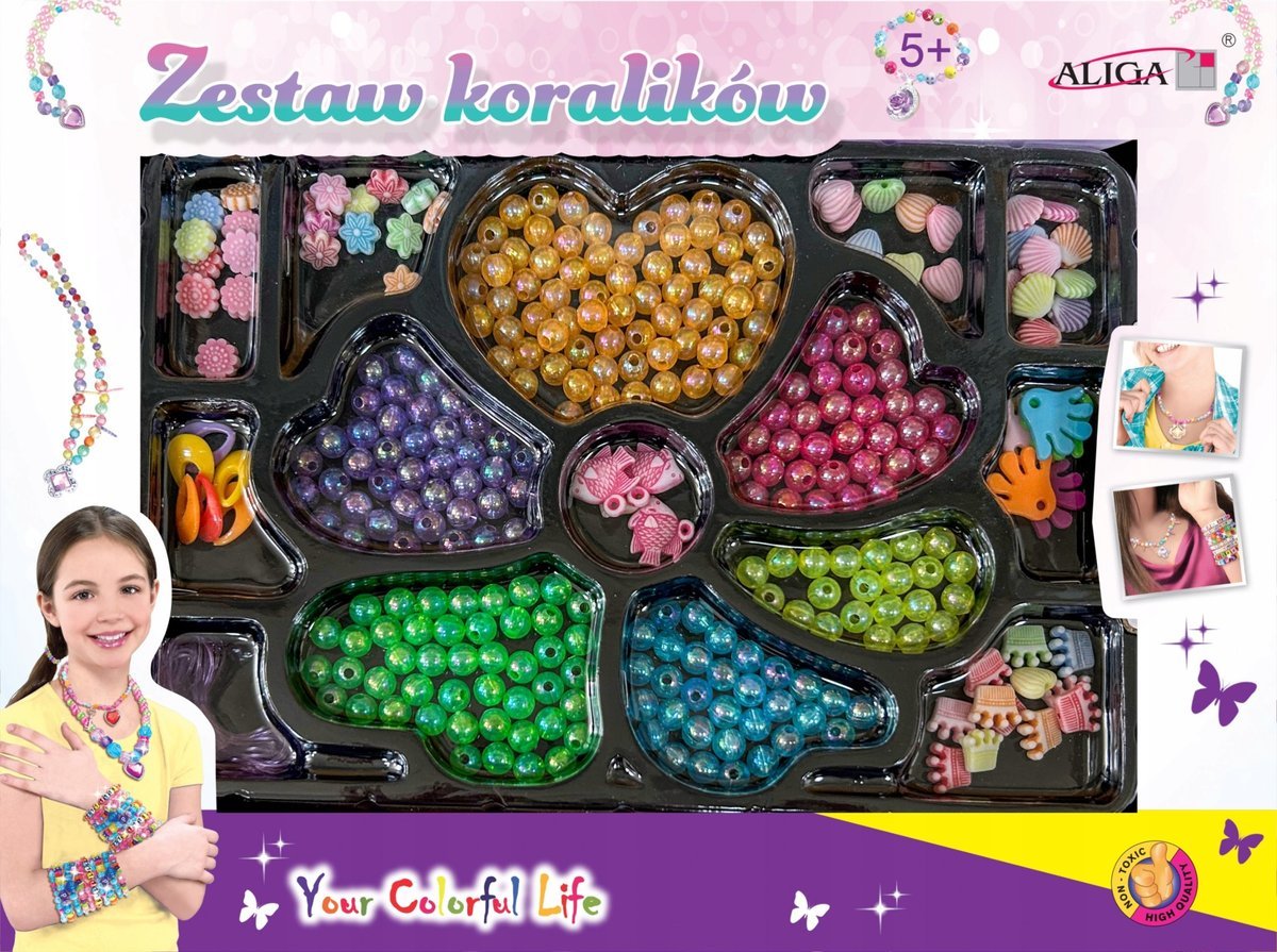 Koraliki plastikowe kolorowe mix + żyłki 275 sztuk Aliga