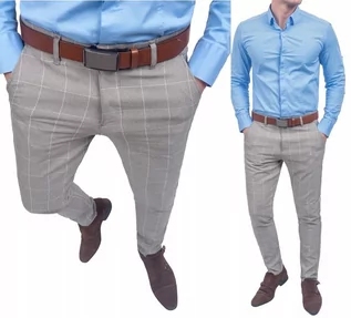 Spodnie męskie - ﻿Spodnie w kratę męskie wizytowe khaki - 40 - grafika 1