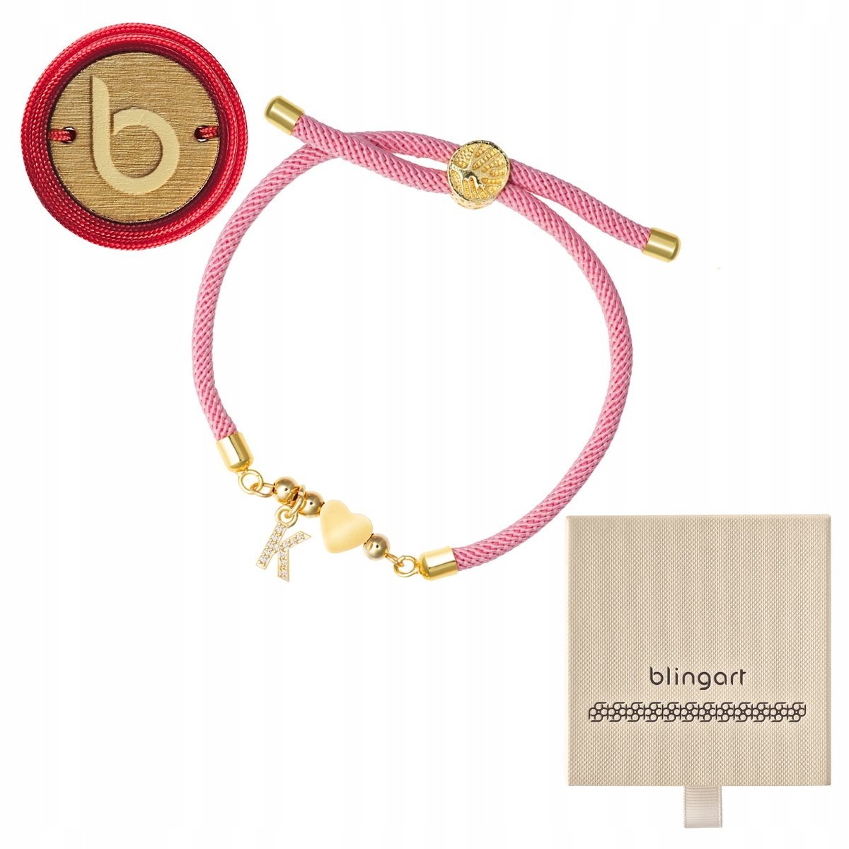 Bransoletka sznurkowa LITERKI serduszko RÓŻOWA regulowana LITERA BLINGART