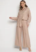 Komplety damskie - Beżowy Wiskozowy Komplet z Koszulą z Haftem i Szerokimi Spodniami Thannora - miniaturka - grafika 1