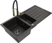 Zlewozmywaki z baterią - Mexen Andres zlewozmywak granitowy 1,5-komorowy z ociekaczem i baterią kuchenną Aster, czarny/złoty metalik - 6515-75-73450-57-B - miniaturka - grafika 1