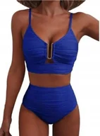 Stroje kąpielowe - Dwuczęściowy strój kąpielowy V-Neck z wycięciem wysoki stan niebieski bikini S - miniaturka - grafika 1
