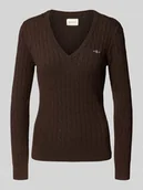 Swetry damskie - Sweter z dzianiny z dekoltem w serek i wyhaftowanym logo - miniaturka - grafika 1