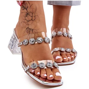 S.Barski Damskie Klapki Z Ozdobnymi Cyrkoniami Srebrne Leyla srebrny - Klapki i japonki damskie - miniaturka - grafika 1