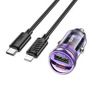 Akcesoria do smartwatchy - HOCO ładowarka samochodowa USB QC 3.0 + Typ C + kabel Typ C do Apple Lightning 8-pin PD 30W Z53A fioletowa - miniaturka - grafika 1