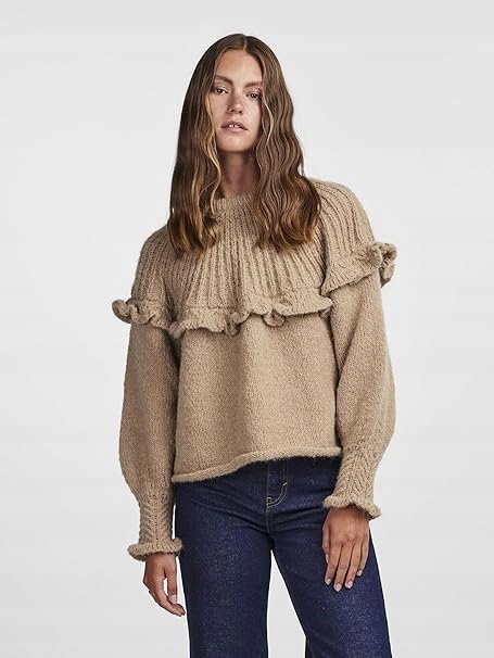 PIECES BEŻOWY SWETER Z FALBANĄ I RĘKAWEM BALONOWYM M 7CA