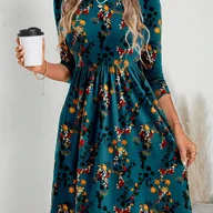 Sukienki - TEMU Damska Sukienka A-Line w Turkusowo Zielonym i Wielokolorowym Kwiatkowym - Elegancka Retro Długi Rękaw z Krótką Talii, Dopasowaniem Biustu - miniaturka - grafika 1