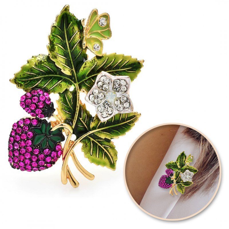 Broszka Ozdobna Kryształki Dżetowa Poziomki Bz196