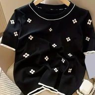 Swetry damskie - TEMU Sweter Z Haftem Kwiatowym I Okrągłym Dekoltem, Swobodny Sweter Z Dzianiny Z Krótkim Rękawem Na Wiosnę I , Odzież Damska - miniaturka - grafika 1