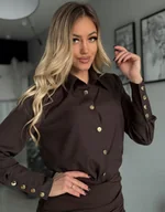 Koszule damskie - Elegancka Koszula Damska Złote Guziki Polska Produkcja Do biura Czekolada M - miniaturka - grafika 1