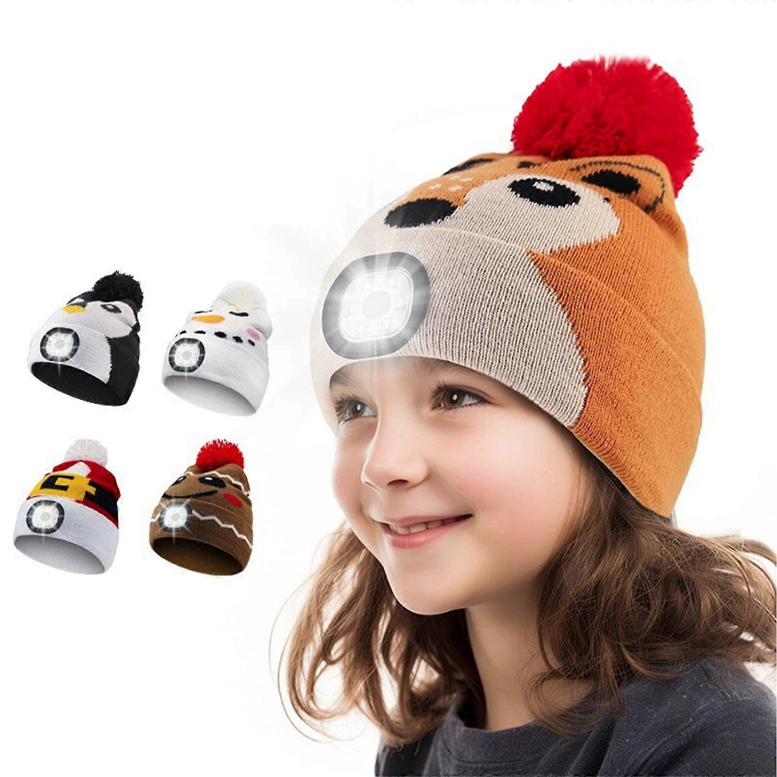 Unbrand Czapka dziecięca ze światłem LED, czapka zimowa Czapka dziecięca LED, ładowalna lampa LED USB 4 Zimowa ciepła czołówka z dzianiny dla chłop...