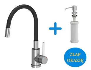 Quadron POP Bateria zlewozmywakowa stalowa MAGGIE z elastyczną czarną wylewką plus dozownik okrągły do płynu KEIRA SteelQ kolor stal szczotkowana - Baterie kuchenne - miniaturka - grafika 1