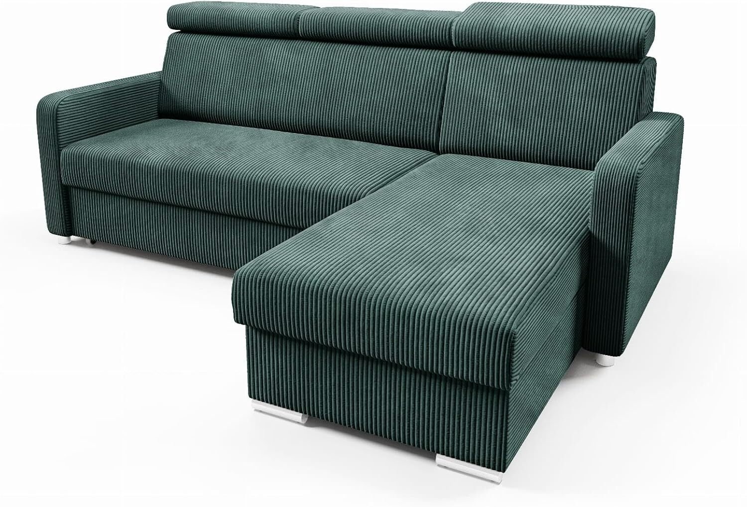 LIKMA Narożnik 213 cm Butelkowa Zieleń Rozkładany MAKO Kształt L z Funkcją Spania (190x125 cm) i Pojemnikiem na Pościel Sofa z Regulowanymi Zagłówkami