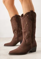 Botki damskie - Brązowe Ażurowe Botki Kowbojki na Stożku z Imitacji Zamszu Hephiane - miniaturka - grafika 1