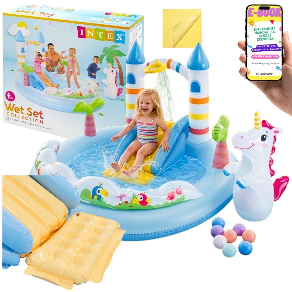 Intex Basen Dmuchany Dla Dzieci  Jednorożec Zamek 196x178x127 cm Zjeżdżalnia Zraszacz + E-BOOK