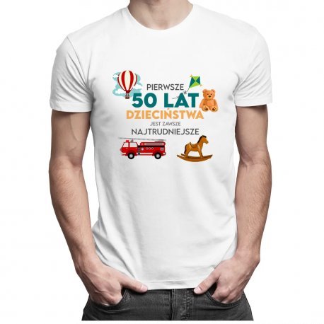 Koszulkowy, Koszulka męska, Pierwsze 50 lat dzieciństwa jest zawsze najtrudniejsze, rozmiar XS