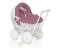 Wózki dla lalek - Wiklinowy wózek dla lalek pchacz biały z pościelką róż retro i miękką wyściółką STELLA - miniaturka - grafika 1