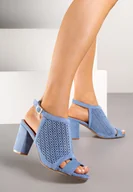 Sandały damskie - Niebieskie Sandały Vices na Słupku z Ażurową Cholewką i Skórzaną Wkładką Saramiae - miniaturka - grafika 1