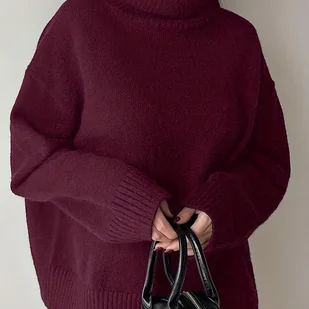 TEMU Damski Sweter z Wysokim KoﾅＯierzem, DﾅＶgi Rﾄ冖aw, Luﾅｺny Fason, Jesieﾅ�/, Prosta Bluzka, ﾅ嗹iﾄ�teczna Odzieﾅｼ Damska, ASD - Swetry damskie - miniaturka - grafika 1