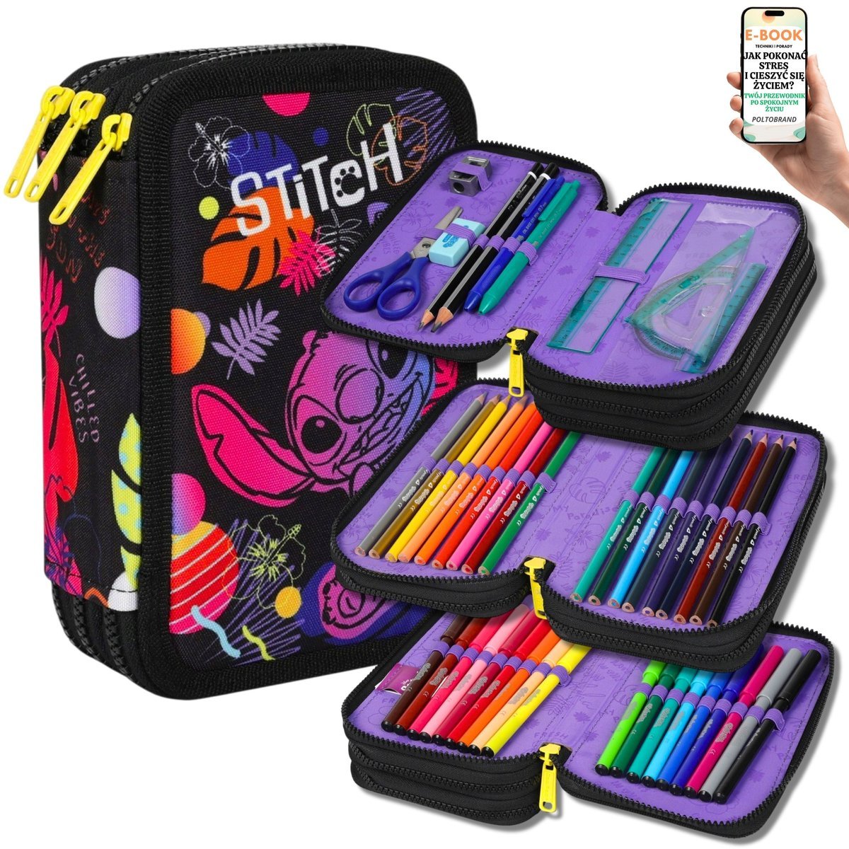 STITCH PIÓRNIK 3-KOMOROWY CZARNY Z WYPOSAŻENIEM – KREDKI, FLAMASTRY, GEOMETRIA ZESTAW PRZYBORÓW DLA UCZENNICY DZIEWCZYNKI + EBOOK-1