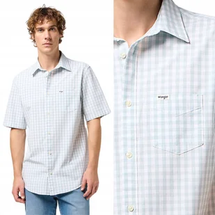 Wrangler 1 PKT SHIRT Blue Fog BAWEŁNIANA KOSZULA W KRATĘ KRÓTKI RĘKAW M - Koszule męskie - miniaturka - grafika 1