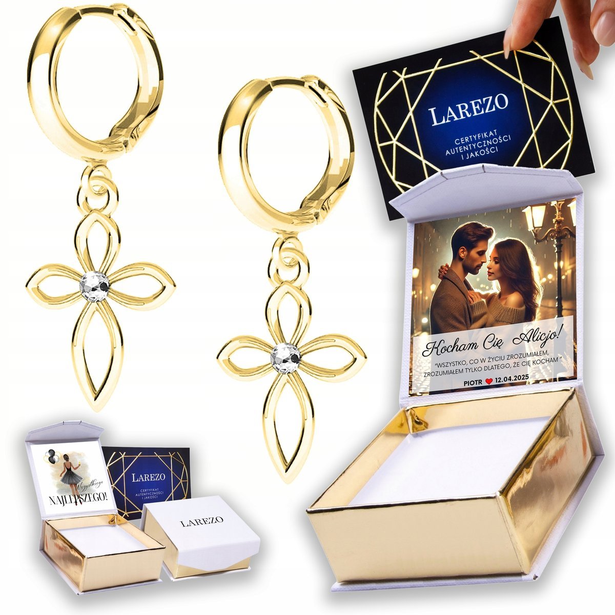 Złote Kolczyki 925 z Krzyżykami Krzyże Ozdobne Krzyżyki Cross NADRUK